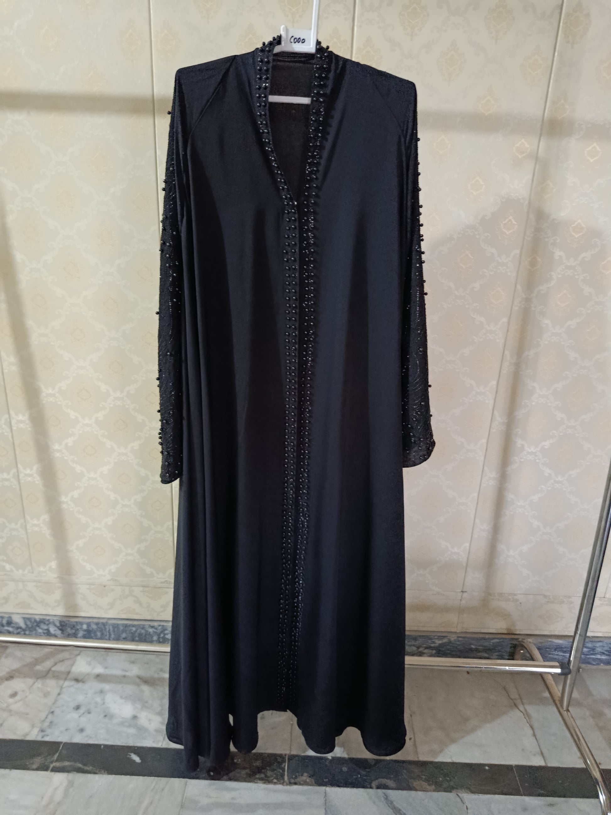 Black Pearl Abaya With Pearl Work On Sleeves And Front