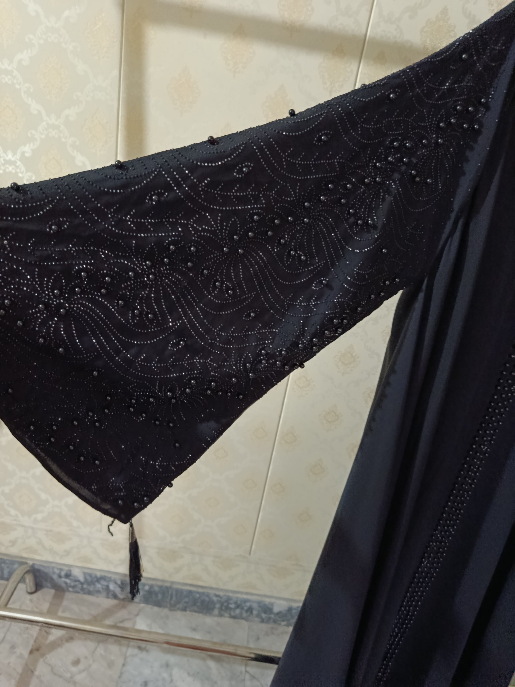 Black Pearl Abaya With Pearl Work On Sleeves And Front