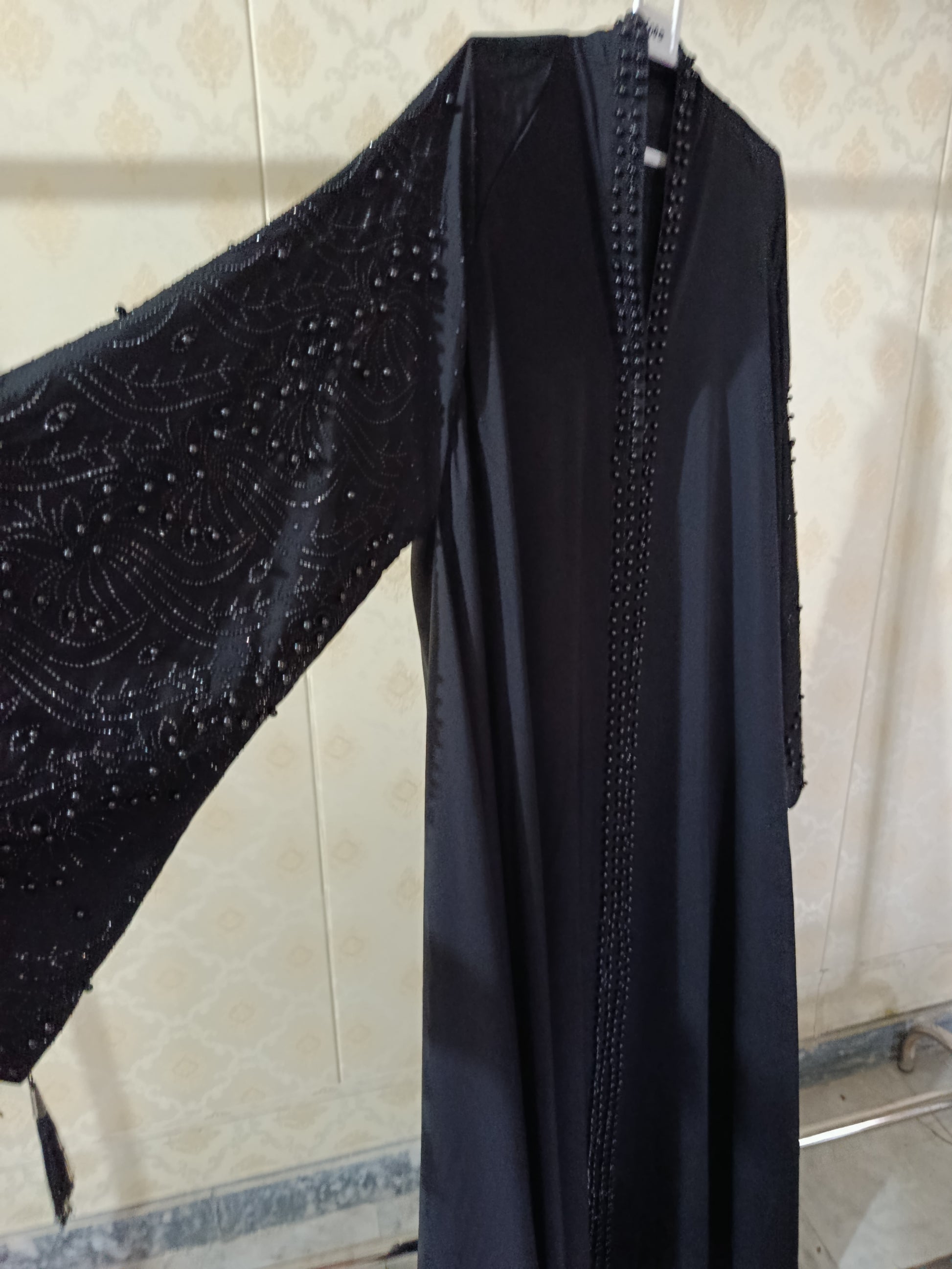 Black Pearl Abaya With Pearl Work On Sleeves And Front