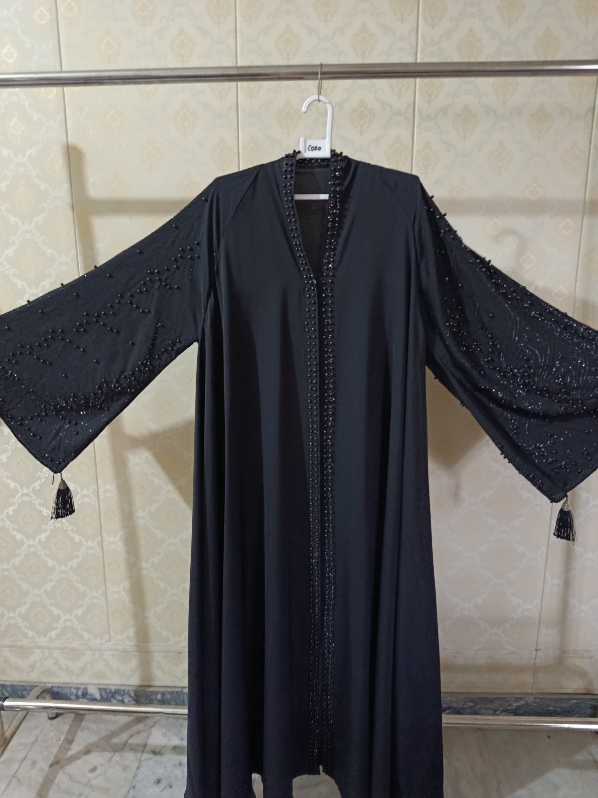 Black Pearl Abaya With Pearl Work On Sleeves And Front