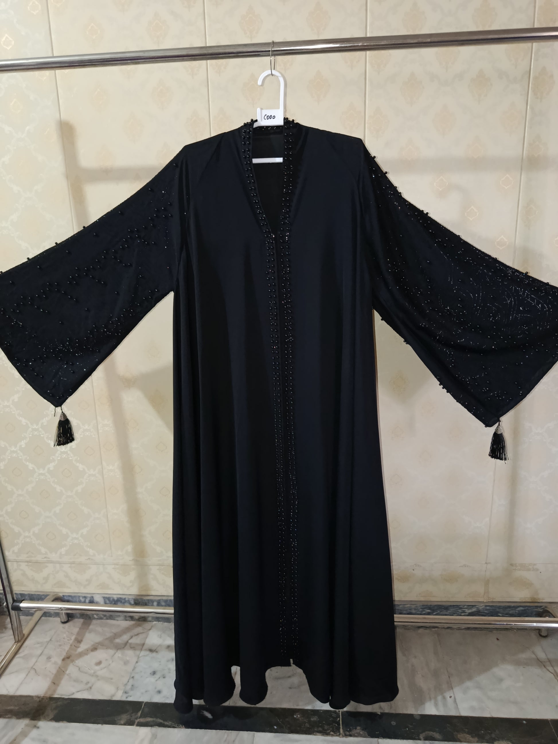 Black Pearl Abaya With Pearl Work On Sleeves And Front