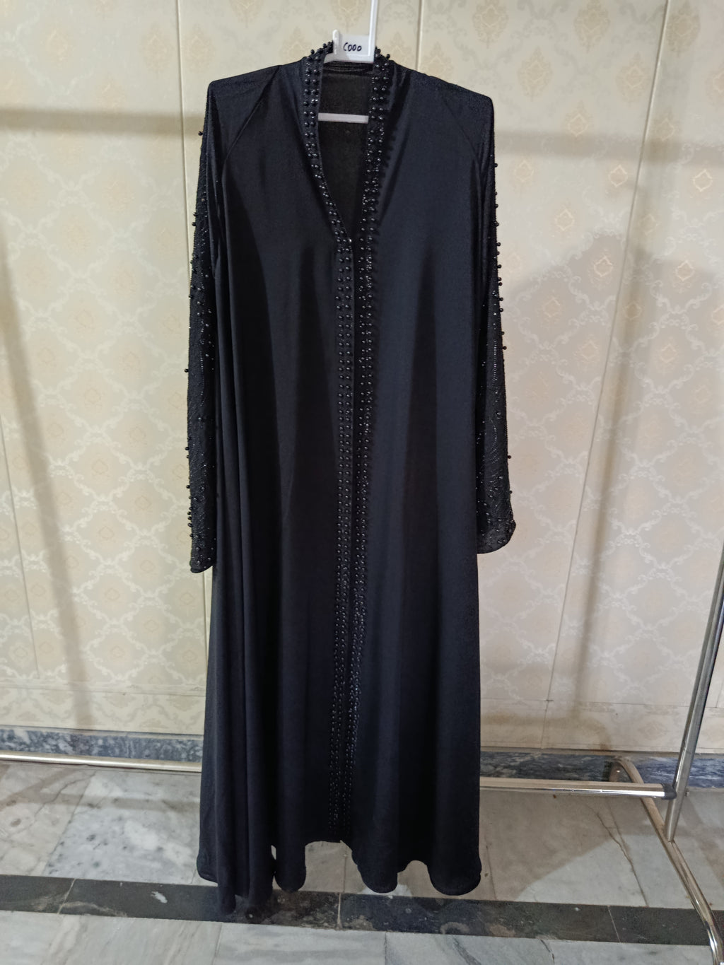 Black Pearl Abaya With Pearl Work On Sleeves And Front