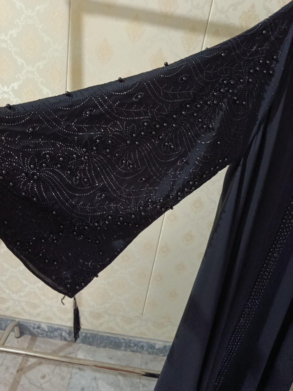 Black Pearl Abaya With Pearl Work On Sleeves And Front